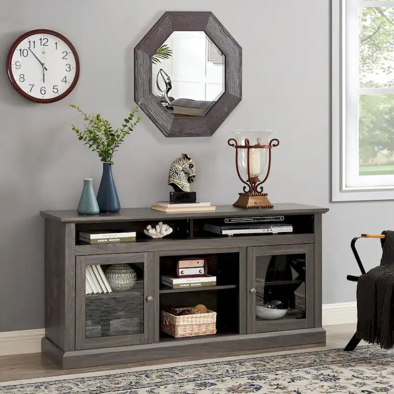 TV Stand with Glass Door Cabinets & Open Shelves