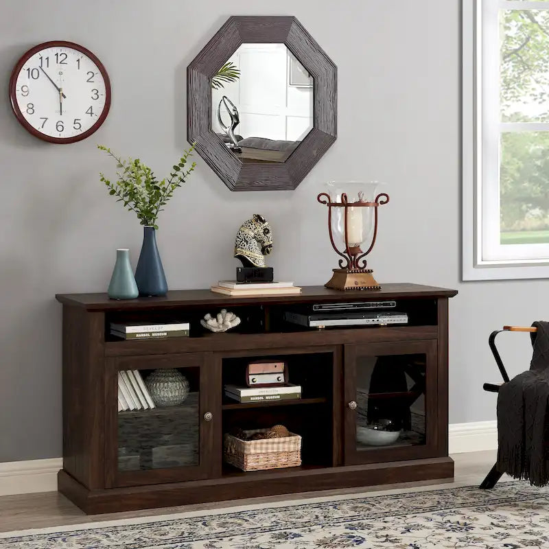 TV Stand with Glass Door Cabinets & Open Shelves