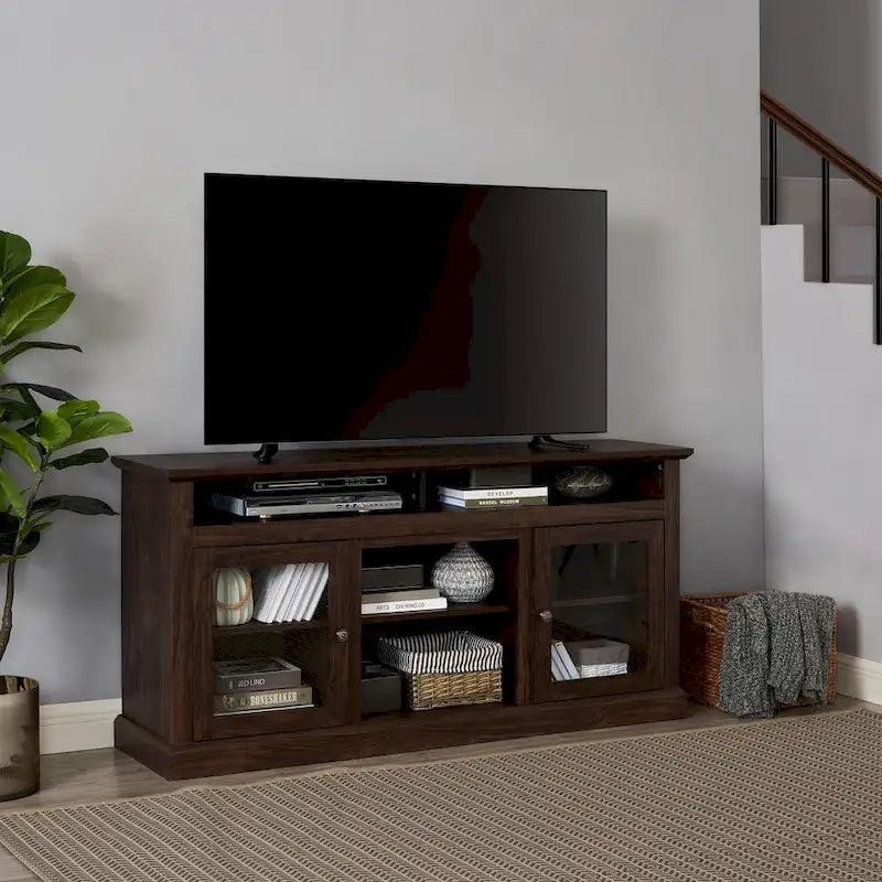 TV Stand with Glass Door Cabinets & Open Shelves