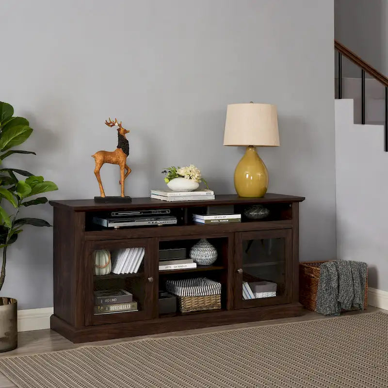 TV Stand with Glass Door Cabinets & Open Shelves