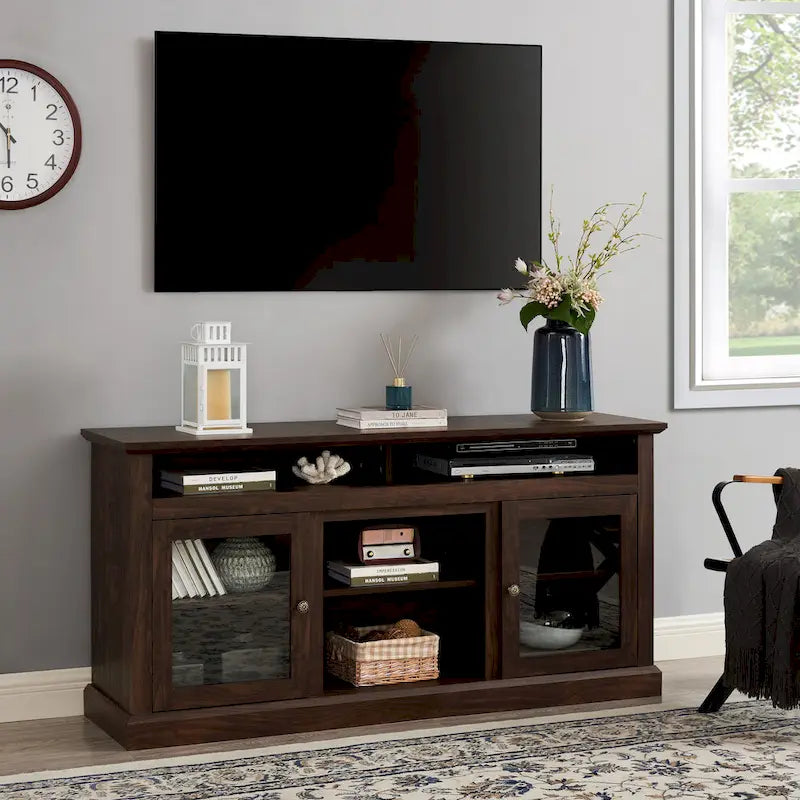 TV Stand with Glass Door Cabinets & Open Shelves
