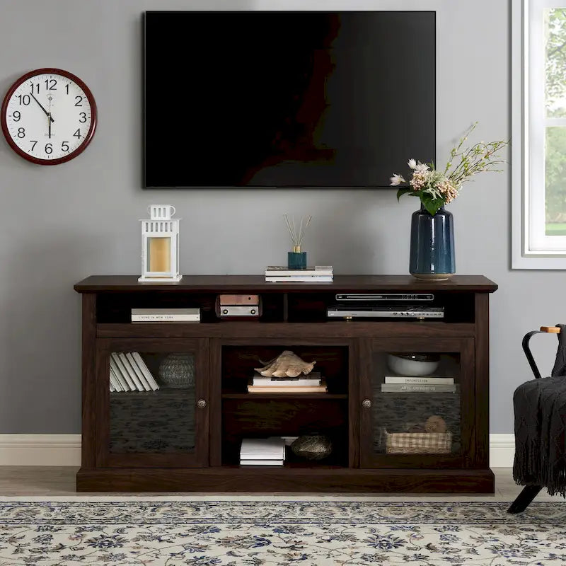 TV Stand with Glass Door Cabinets & Open Shelves