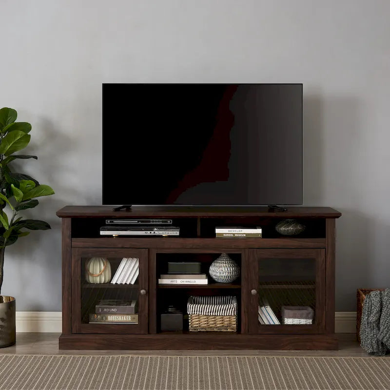 TV Stand with Glass Door Cabinets & Open Shelves