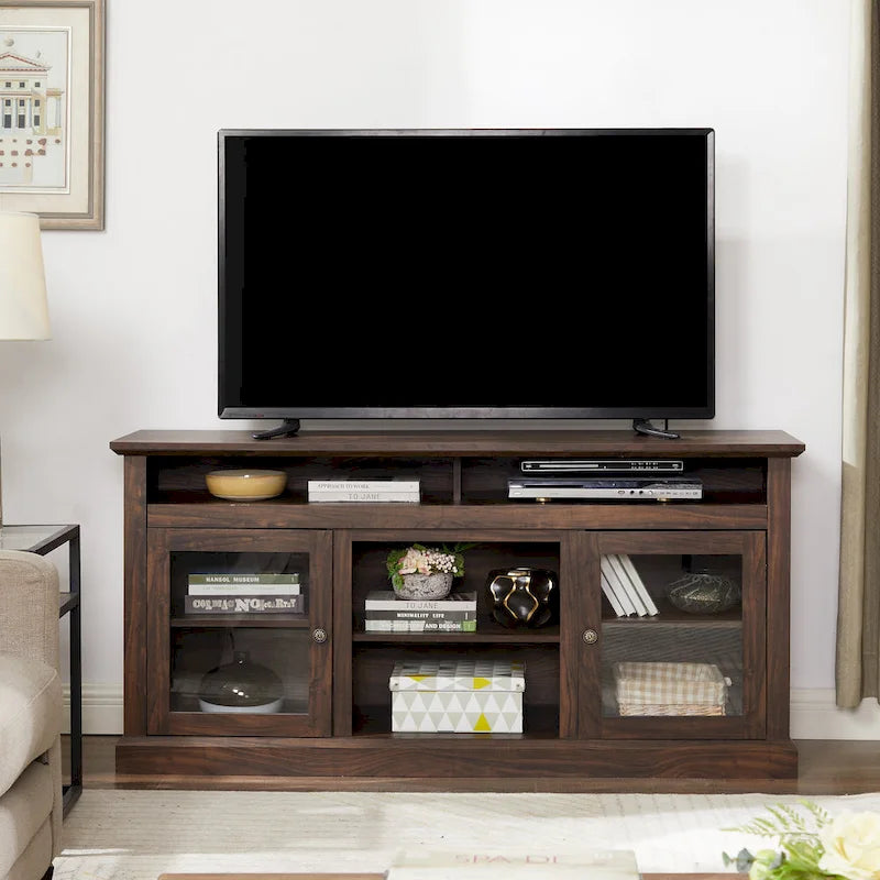 TV Stand with Glass Door Cabinets & Open Shelves