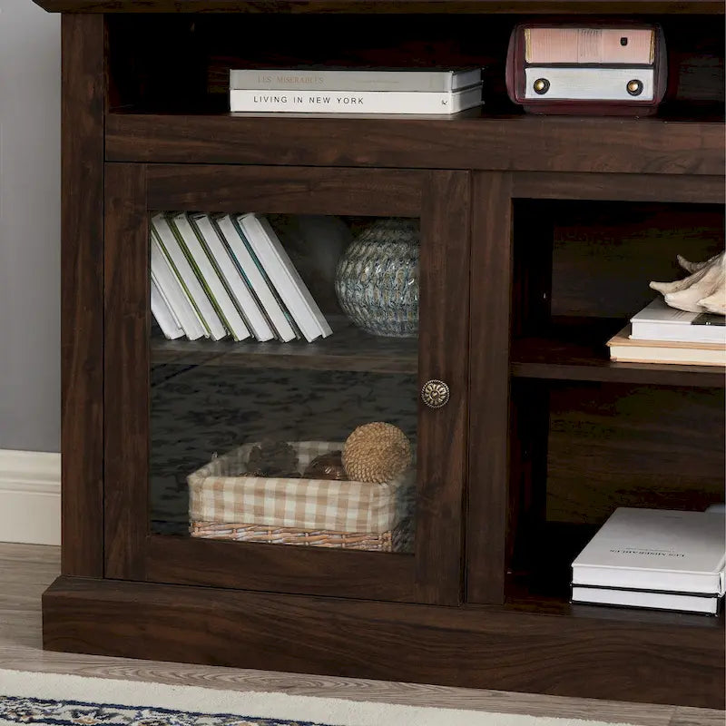 TV Stand with Glass Door Cabinets & Open Shelves