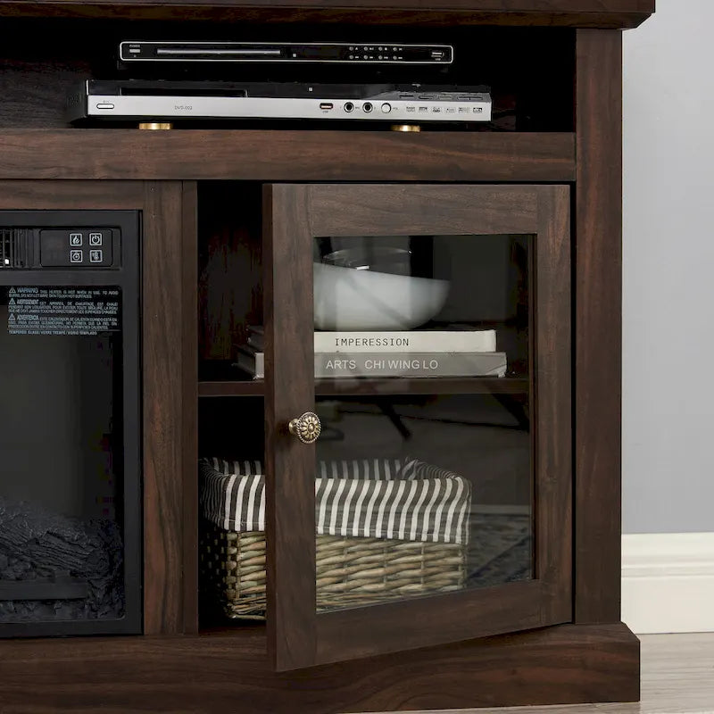 TV Stand with Glass Door Cabinets & Open Shelves