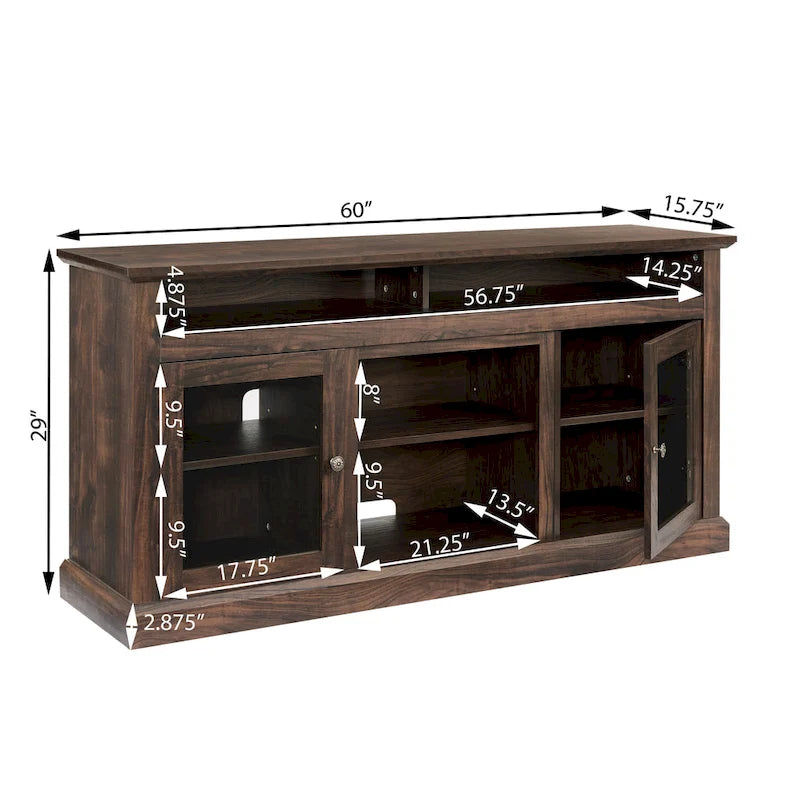 TV Stand with Glass Door Cabinets & Open Shelves