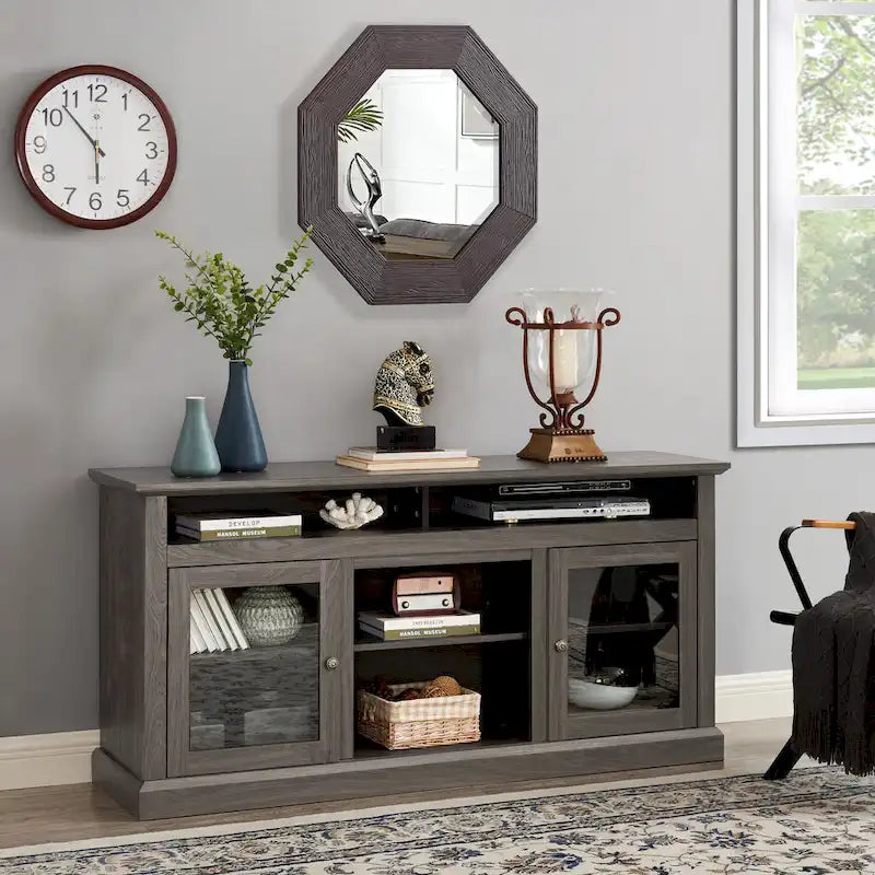 TV Stand with Glass Door Cabinets & Open Shelves