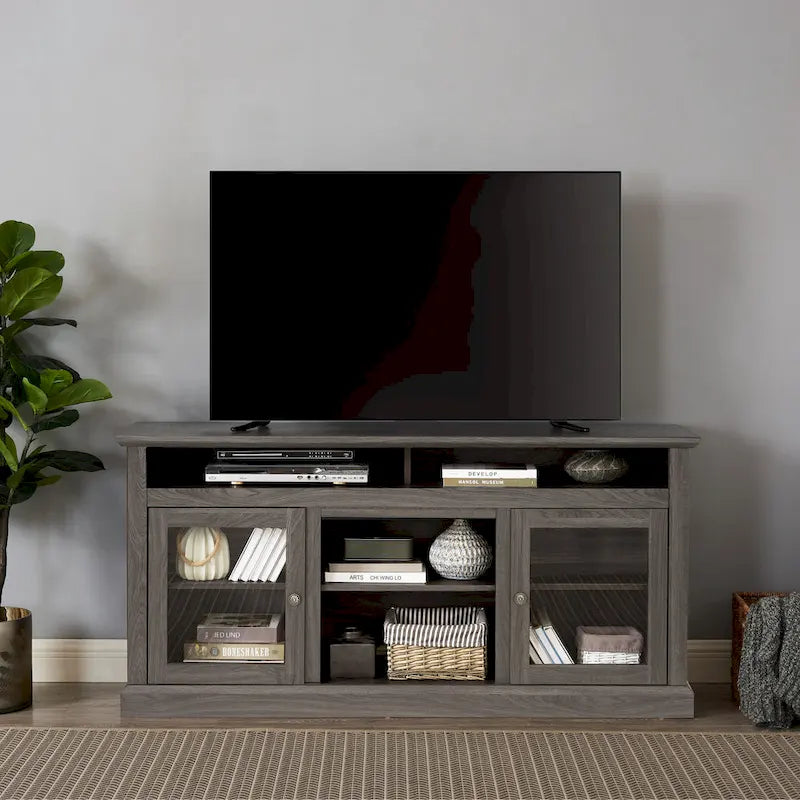 TV Stand with Glass Door Cabinets & Open Shelves