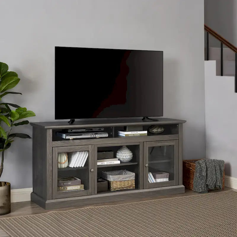 TV Stand with Glass Door Cabinets & Open Shelves