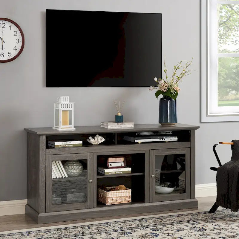 TV Stand with Glass Door Cabinets & Open Shelves