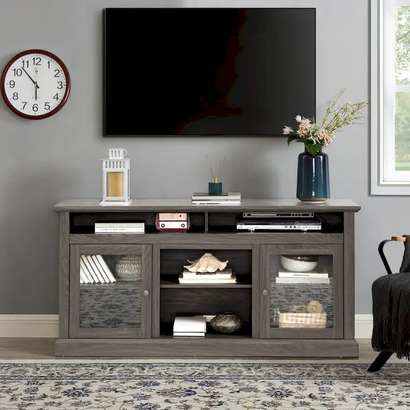 TV Stand with Glass Door Cabinets & Open Shelves