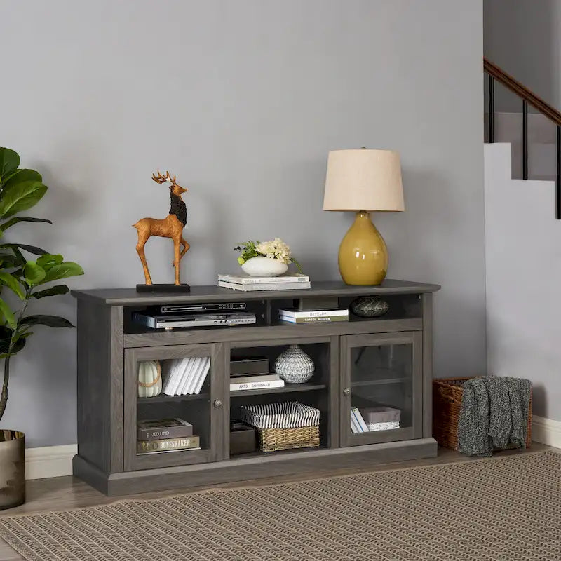 TV Stand with Glass Door Cabinets & Open Shelves