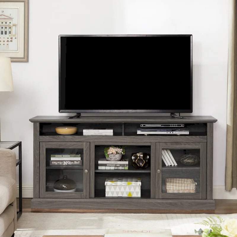TV Stand with Glass Door Cabinets & Open Shelves