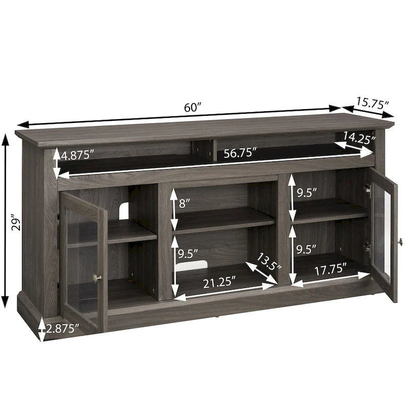 TV Stand with Glass Door Cabinets & Open Shelves