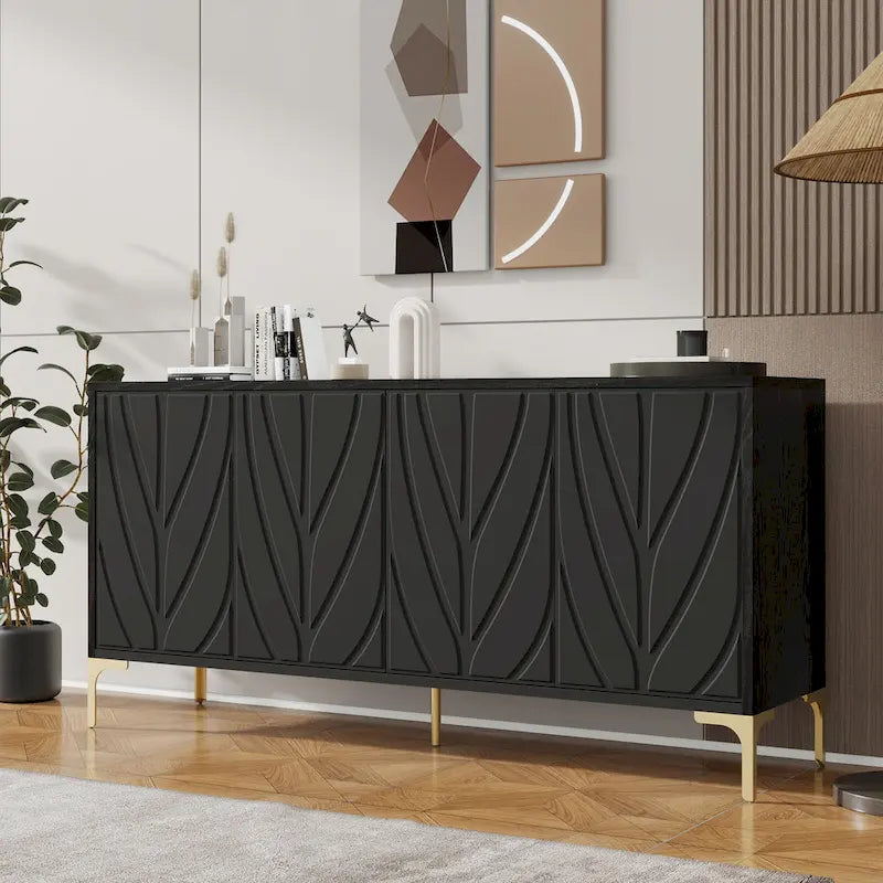 4-Door Sideboard Buffet Cabinet with Carved Detail & Press-to-Open Doors