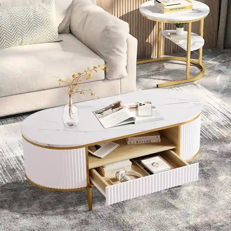Oval Coffee Table with Faux Marble Top & Fluted Panel Drawers