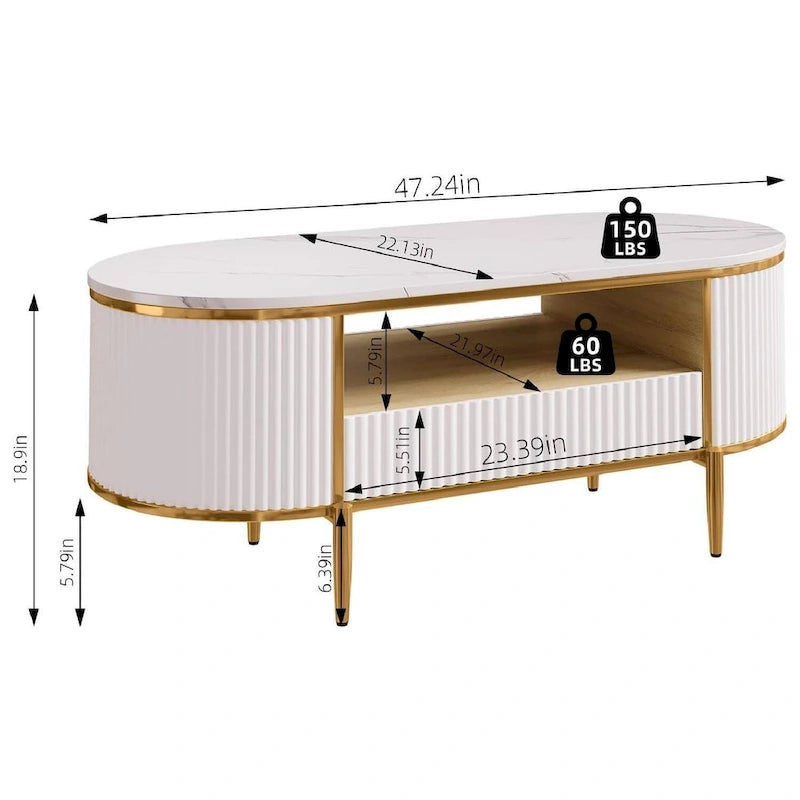 Oval Coffee Table with Faux Marble Top & Fluted Panel Drawers