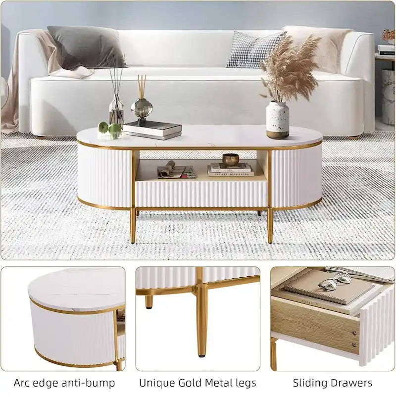 Oval Coffee Table with Faux Marble Top & Fluted Panel Drawers
