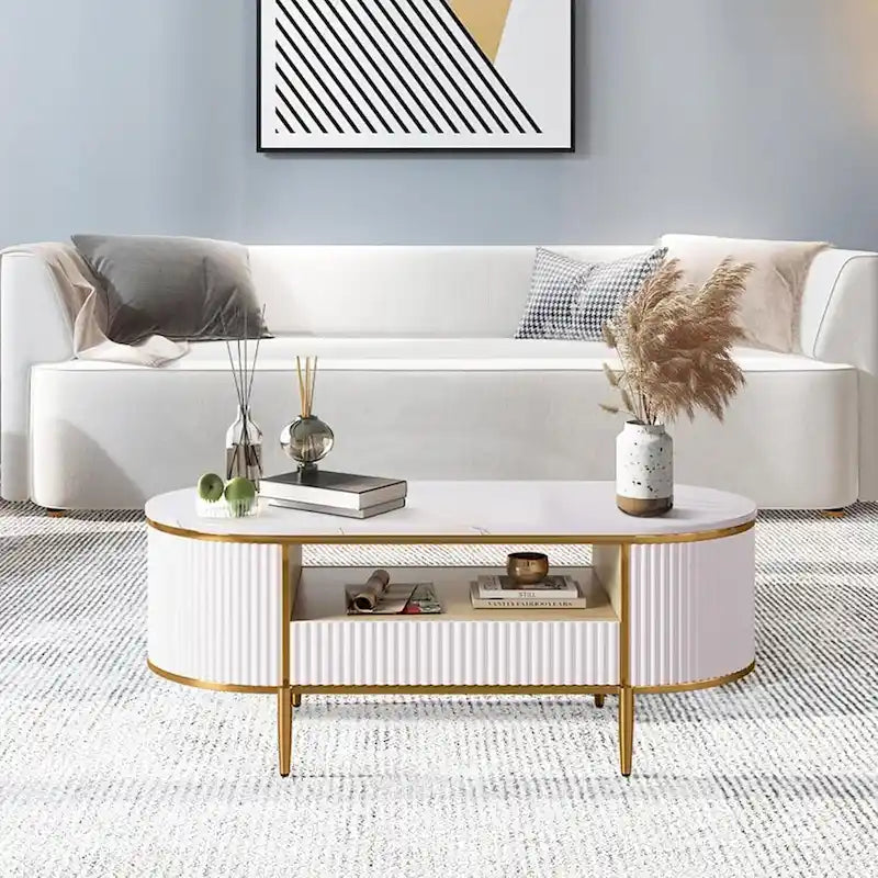 Oval Coffee Table with Faux Marble Top & Fluted Panel Drawers
