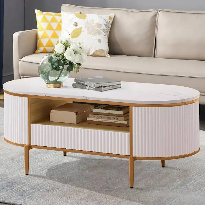 Oval Coffee Table with Faux Marble Top & Fluted Panel Drawers
