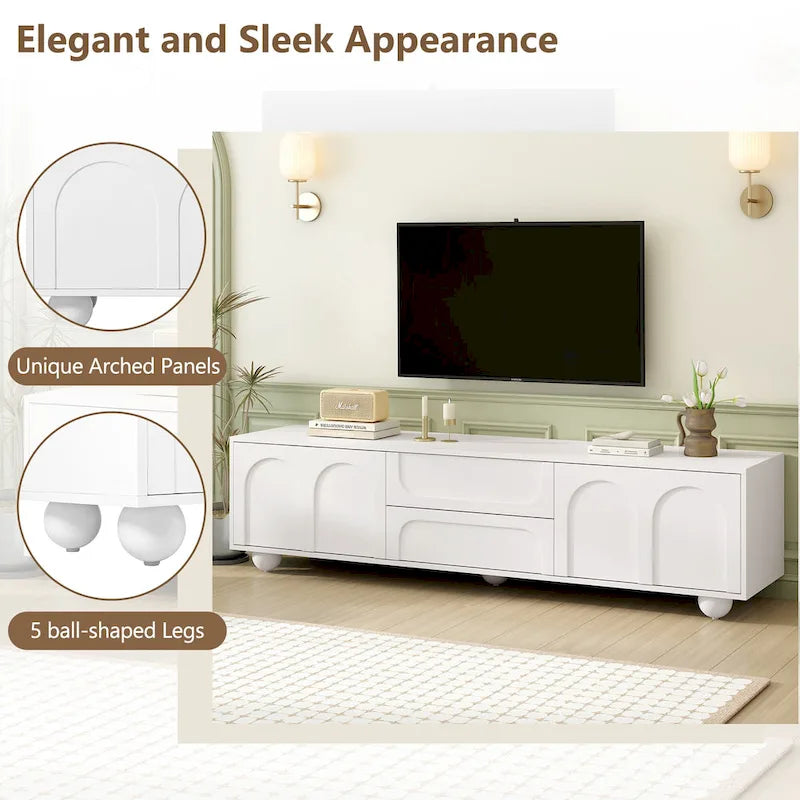 Arched TV Stand with 2 Cabinets, 2 Drawers & Ball-Shaped Legs