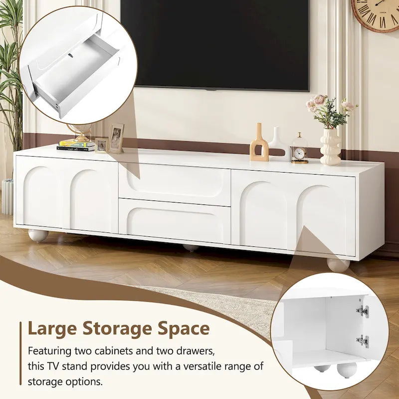 Arched TV Stand with 2 Cabinets, 2 Drawers & Ball-Shaped Legs
