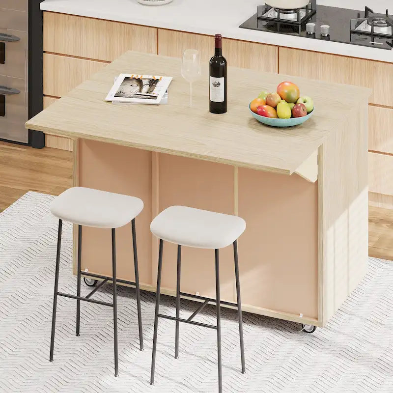 Rolling Kitchen Island with Drop Leaf, Handwoven Ash Veneer Doors & Internal Racks