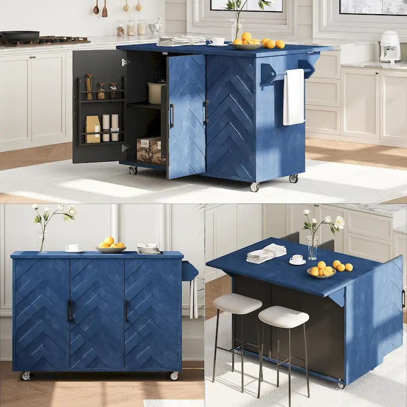 Rolling Kitchen Island with Drop Leaf, Handwoven Ash Veneer Doors & Internal Racks
