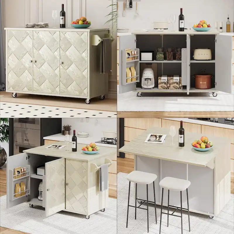 51.2W Ash Veneer Solid Wood Handwoven Kitchen Island With Drop Leaf(no include stool)