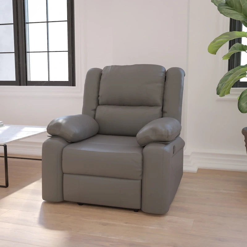 Leathersoft Pillow Back Recliner with Padded Arms & Recessed Lever