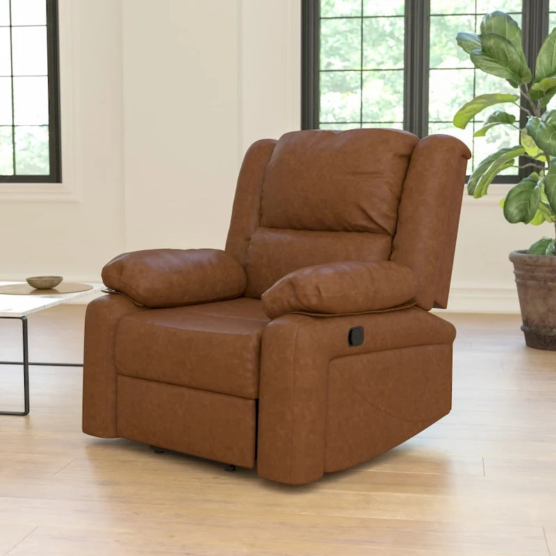 Leathersoft Pillow Back Recliner with Padded Arms & Recessed Lever