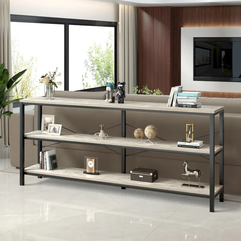 Narrow Console Table with 3-Tier Storage Shelves & X-Cross Frame