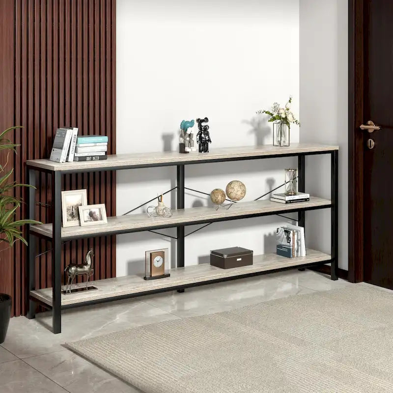 Narrow Console Table with 3-Tier Storage Shelves & X-Cross Frame