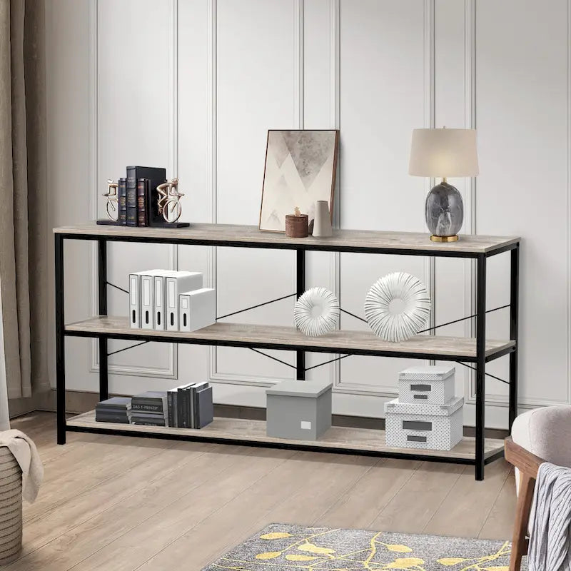 Narrow Console Table with 3-Tier Storage Shelves & X-Cross Frame