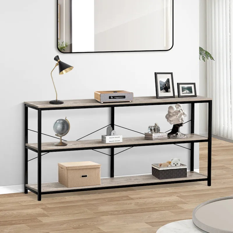 Narrow Console Table with 3-Tier Storage Shelves & X-Cross Frame