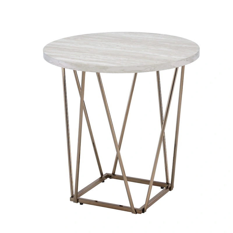 Faux Marble Top End Table with Hexagonal Metal Base