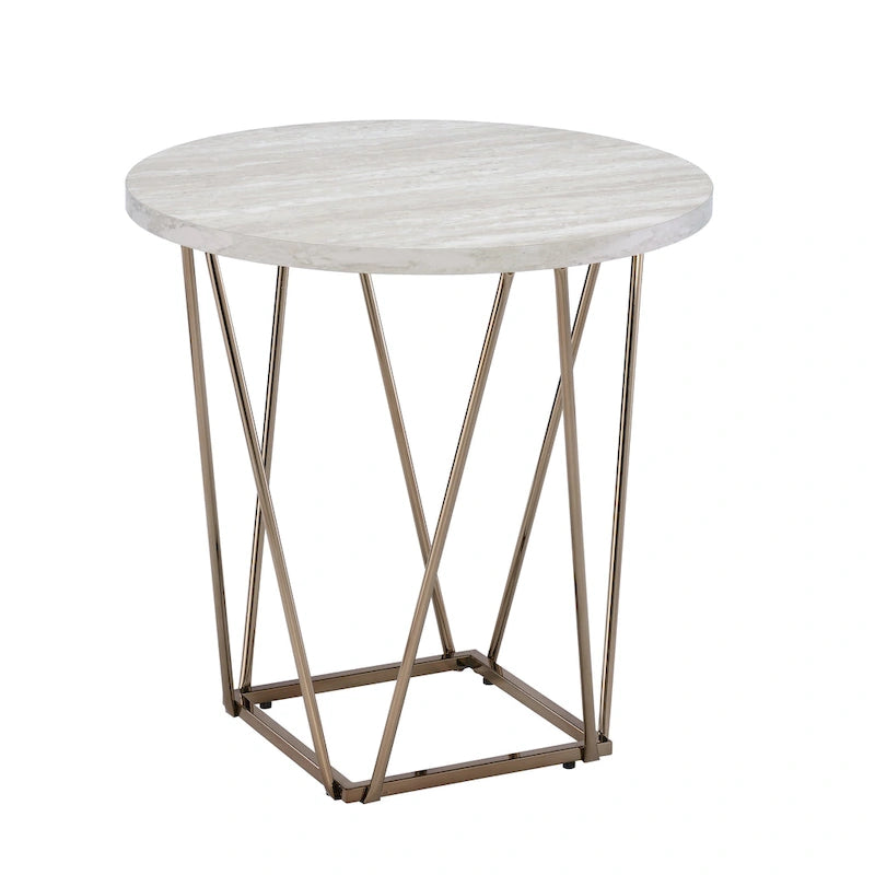 Faux Marble Top End Table with Hexagonal Metal Base
