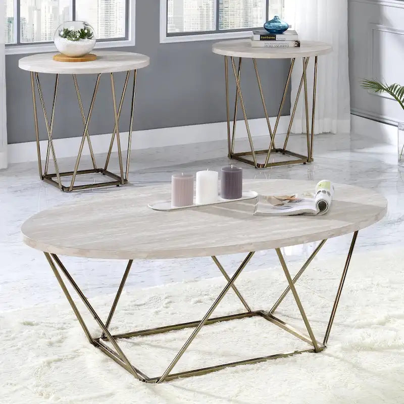 Faux Marble Top End Table with Hexagonal Metal Base