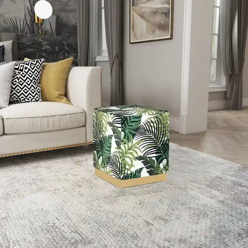 Square Velvet Ottoman Stool with Gold Base
