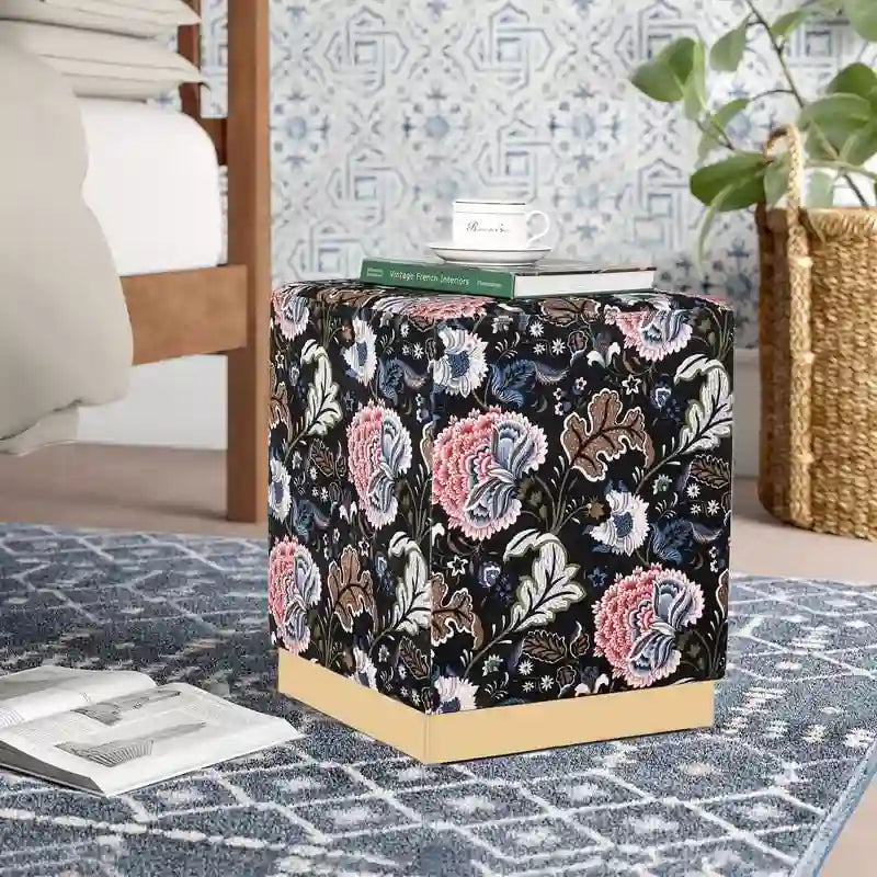 Square Velvet Ottoman Stool with Gold Base