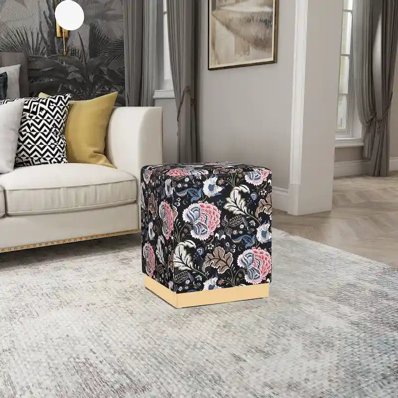 Square Velvet Ottoman Stool with Gold Base