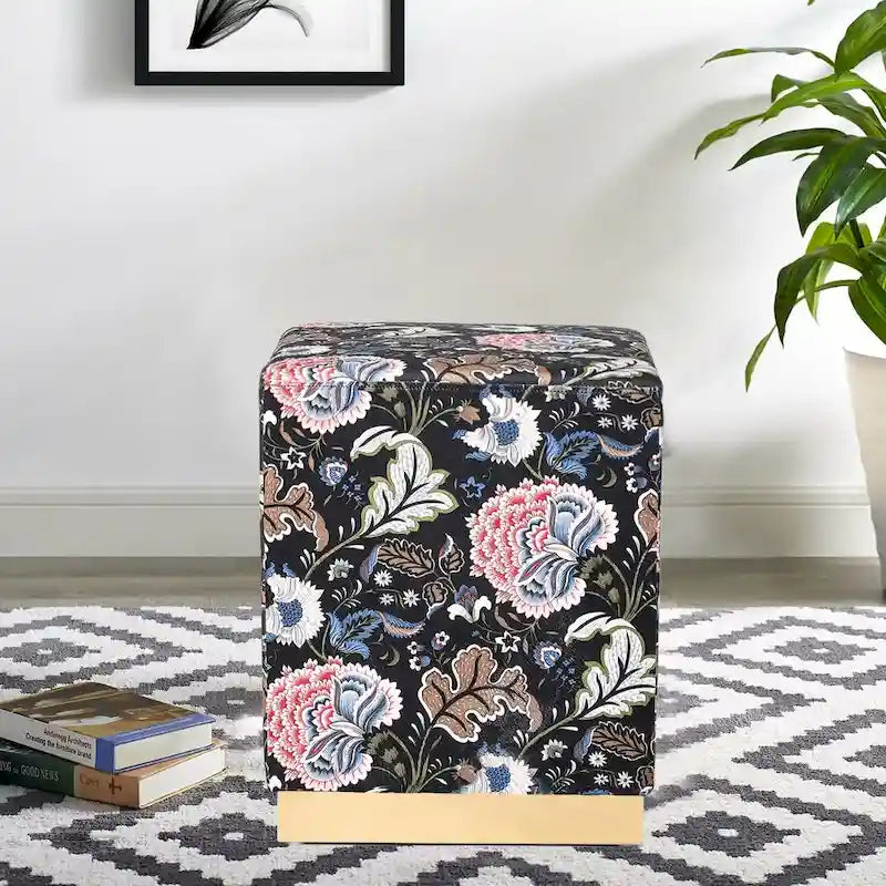 Square Velvet Ottoman Stool with Gold Base