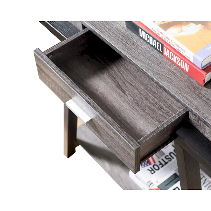 Console Table with Angled Legs, Drawer & Open Shelf — Distressed Black & Grey