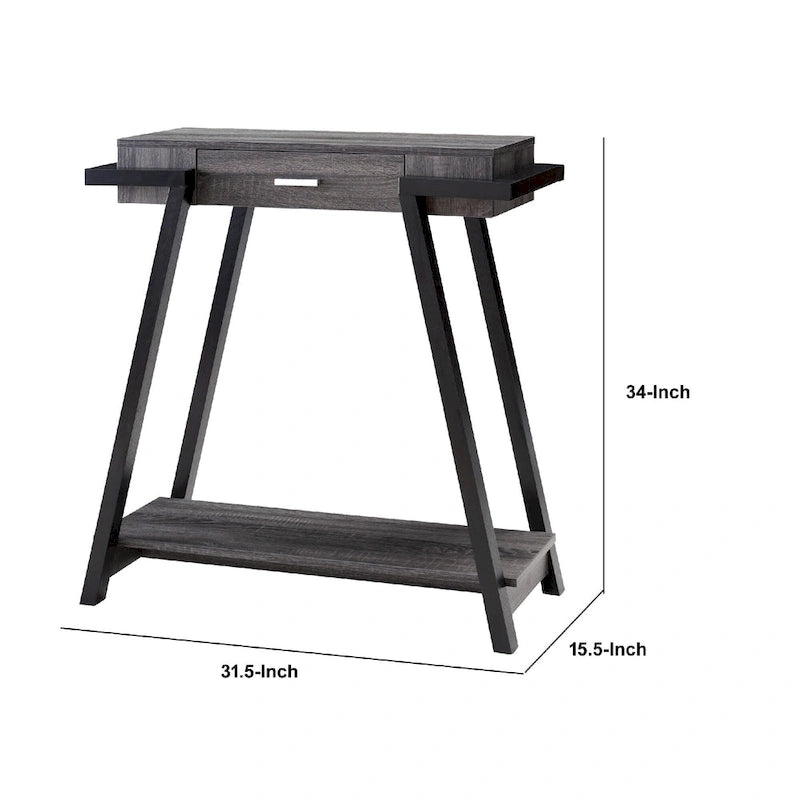 Console Table with Angled Legs, Drawer & Open Shelf — Distressed Black & Grey