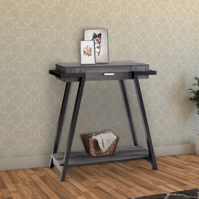 Console Table with Angled Legs, Drawer & Open Shelf — Distressed Black & Grey