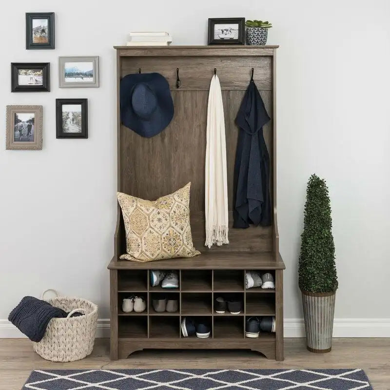 Entryway Hall Tree with Shoe Cubbies, Coat Hooks & Bench