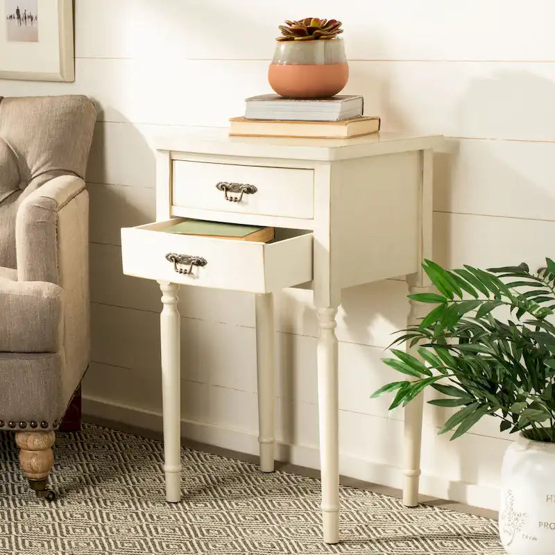 French Country Carved Wood Accent Table with Metal Pulls