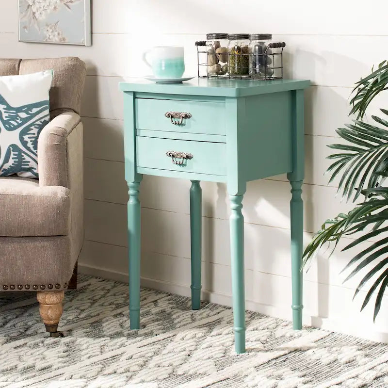French Country Carved Wood Accent Table with Metal Pulls