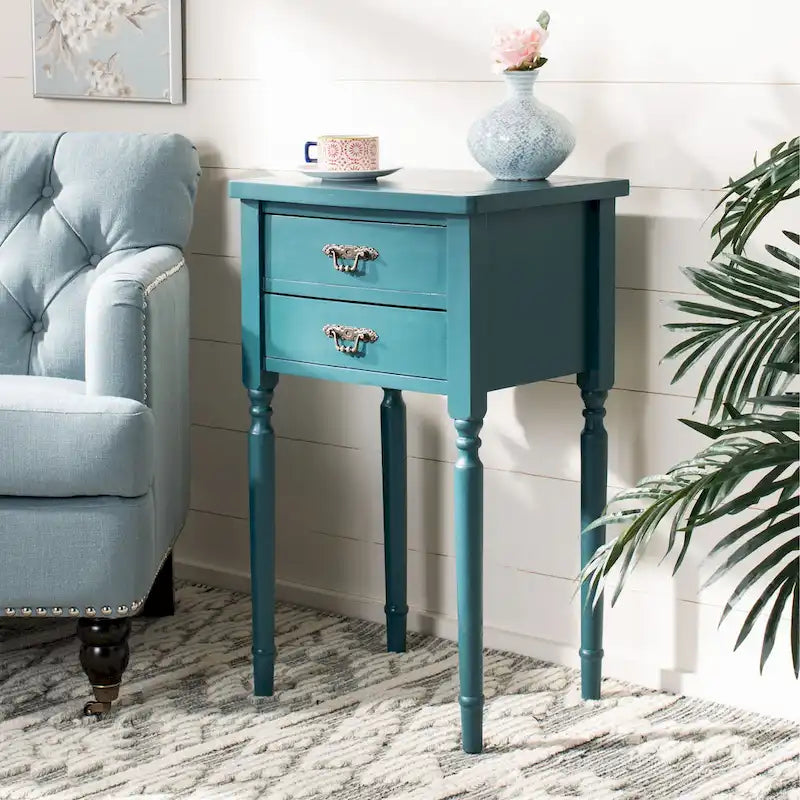 French Country Carved Wood Accent Table with Metal Pulls